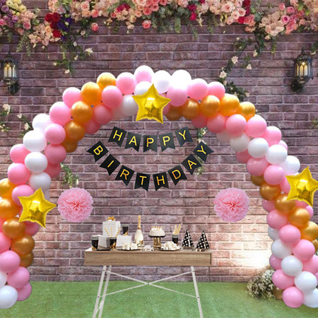 80 Pcs DIY Happy Birthday Kit - Pink Gold White Balloon with PomPom &amp; Happy birthday Banner