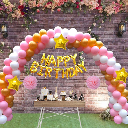 80 Pcs DIY Happy Birthday Kit - Pink Gold White Balloon with PomPom &amp; Happy birthday Foil Banner