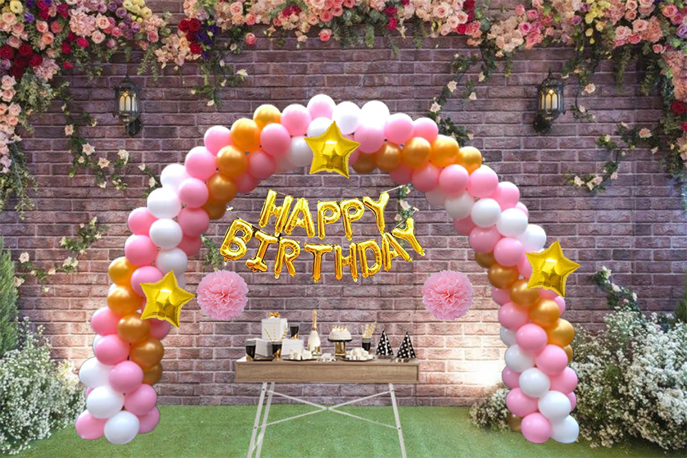 80 Pcs DIY Happy Birthday Kit - Pink Gold White Balloon with PomPom &amp; Happy birthday Foil Banner
