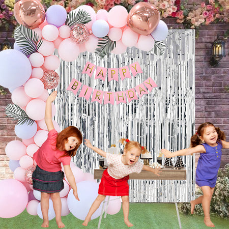 61 Pcs DIY Happy Birthday Kit - Pink Purple Pastel Balloons, Silver Fringe and Happy birthday Banner