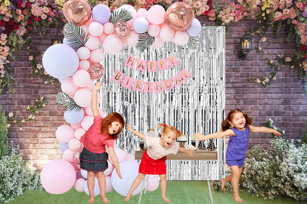 61 Pcs DIY Happy Birthday Kit - Pink Purple Pastel Balloons, Silver Fringe and Happy birthday Banner