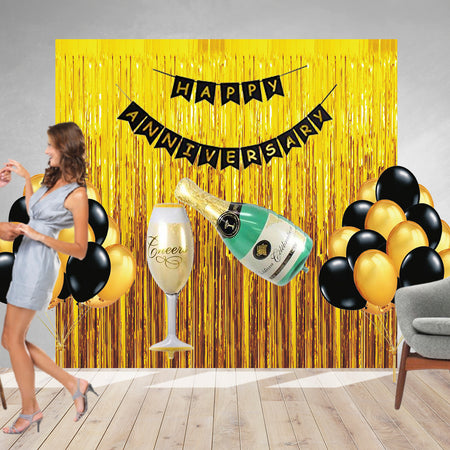 51 Pcs DIY Happy Anniversary Kit - Metallic Golden &amp; Black Balloons, Black Happy Anniversary Banner &amp; Golden Fringe Curtain