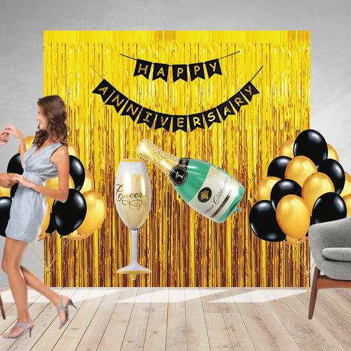 Load image into Gallery viewer, 51 Pcs DIY Happy Anniversary Kit - Metallic Golden &amp; Black Balloons, Black Happy Anniversary Banner &amp; Golden Fringe Curtain
