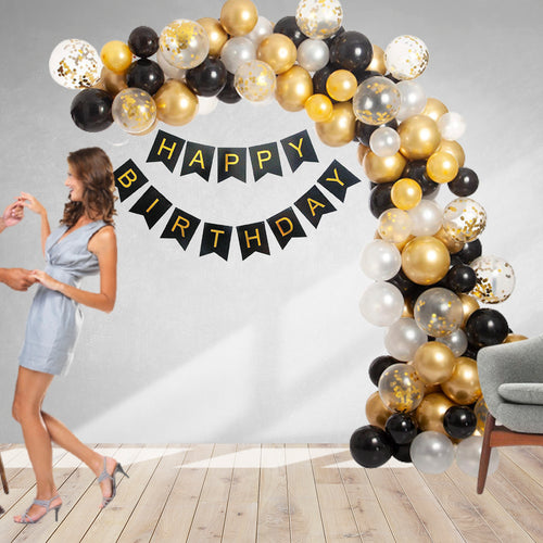 Load image into Gallery viewer, 73 Pcs – DIY Happy Birthday Kit – Golden, white, Black &amp; confetti Balloons – Black Happy Birthday Banner
