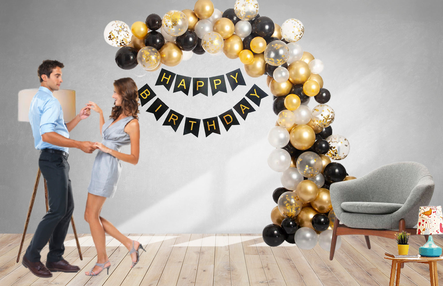 73 Pcs – DIY Happy Birthday Kit – Golden, white, Black & confetti Balloons – Black Happy Birthday Banner