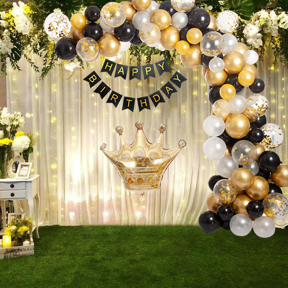 86Pcs - DIY Happy Birthday Metallic Golden, White, Black Latex &amp; confetti Balloons, Black &amp; Gold Happy Birthday Banner and Golden Crown Foil