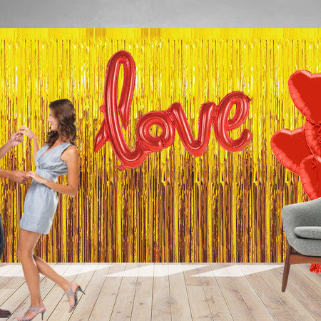 8 Pcs Golden Fringe - Red Love Foil Balloon &amp; Heart Balloon Combo