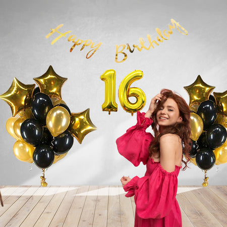 40 Pcs DIY Happy Birthday Kit - Metallic Gold Balloon, Black Balloon, GoldStar, 16 Inches Number 16 Foil Balloon, Gold Happy birthday Banner