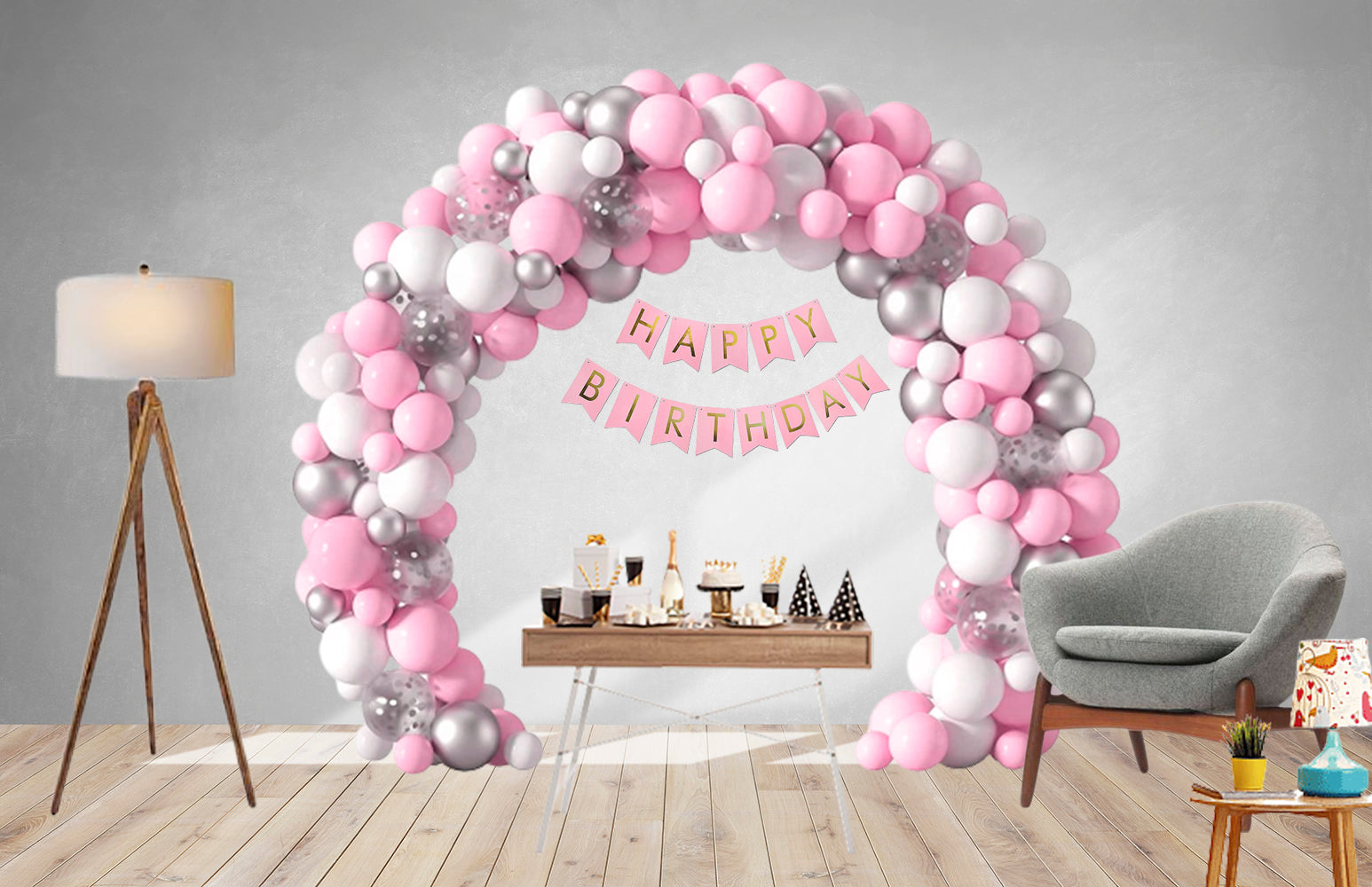 78Pcs DIY Happy Birthday Kit - White, Pink Pastel &amp; Silver Metallic Balloons, Confetti Balloon &amp; Pink Happy Birthday Banner