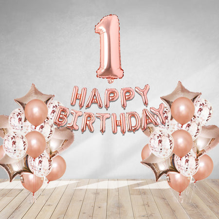 RoseGold Metallic Balloon, RoseGold Confetti, RoseGold Star Foil, RoseGold Heart Foil, RoseGold Foil Happy Birthday & RoseGold foil numbers(43 Pcs)