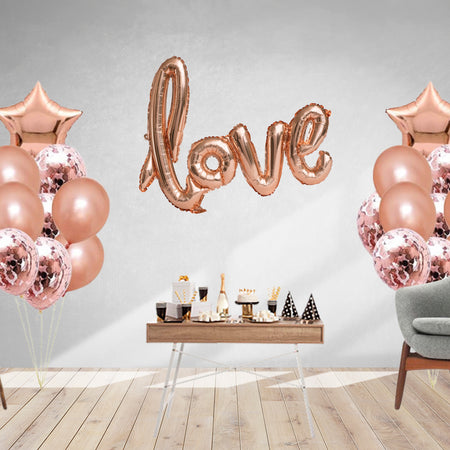 24 Pcs Love Kit - Rose Gold Love Foil Balloon, Rose Gold Metallic Balloons, Rose gold Confetti Balloons &amp; Rose Gold Star foil