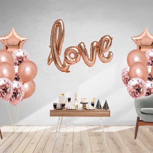 Load image into Gallery viewer, 24 Pcs Love Kit - Rose Gold Love Foil Balloon, Rose Gold Metallic Balloons, Rose gold Confetti Balloons &amp; Rose Gold Star foil
