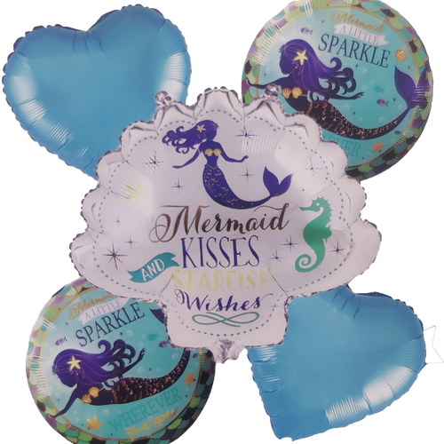 Load image into Gallery viewer, Mermaid kisses starfish wishes balloon with With Blue Heart Foil Balloons and Round Mermaid
