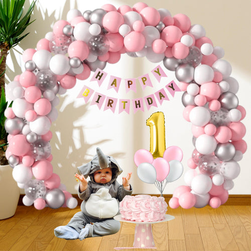 Load image into Gallery viewer, 91 Pcs DIY Happy Birthday Kit – White, Pink Pastel &amp; Silver Metallic Balloons, Confetti Balloon, Gold 1 Number,&amp; Pink Happy Birthday Banner
