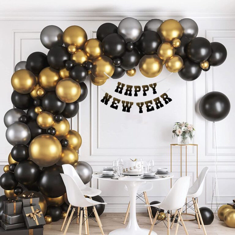 Happy New Year Decoration Kits- (10 Inches/Latex/Black, Metallic Gold, Silver Chrome/69 Pcs)