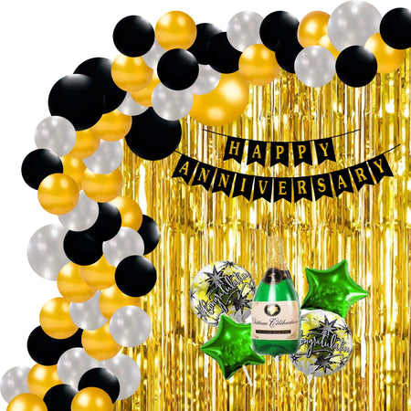 Happy Anniversary Decoration  - Congratulations Green Bottle / Gold/Black Balloons - (71 Pcs)