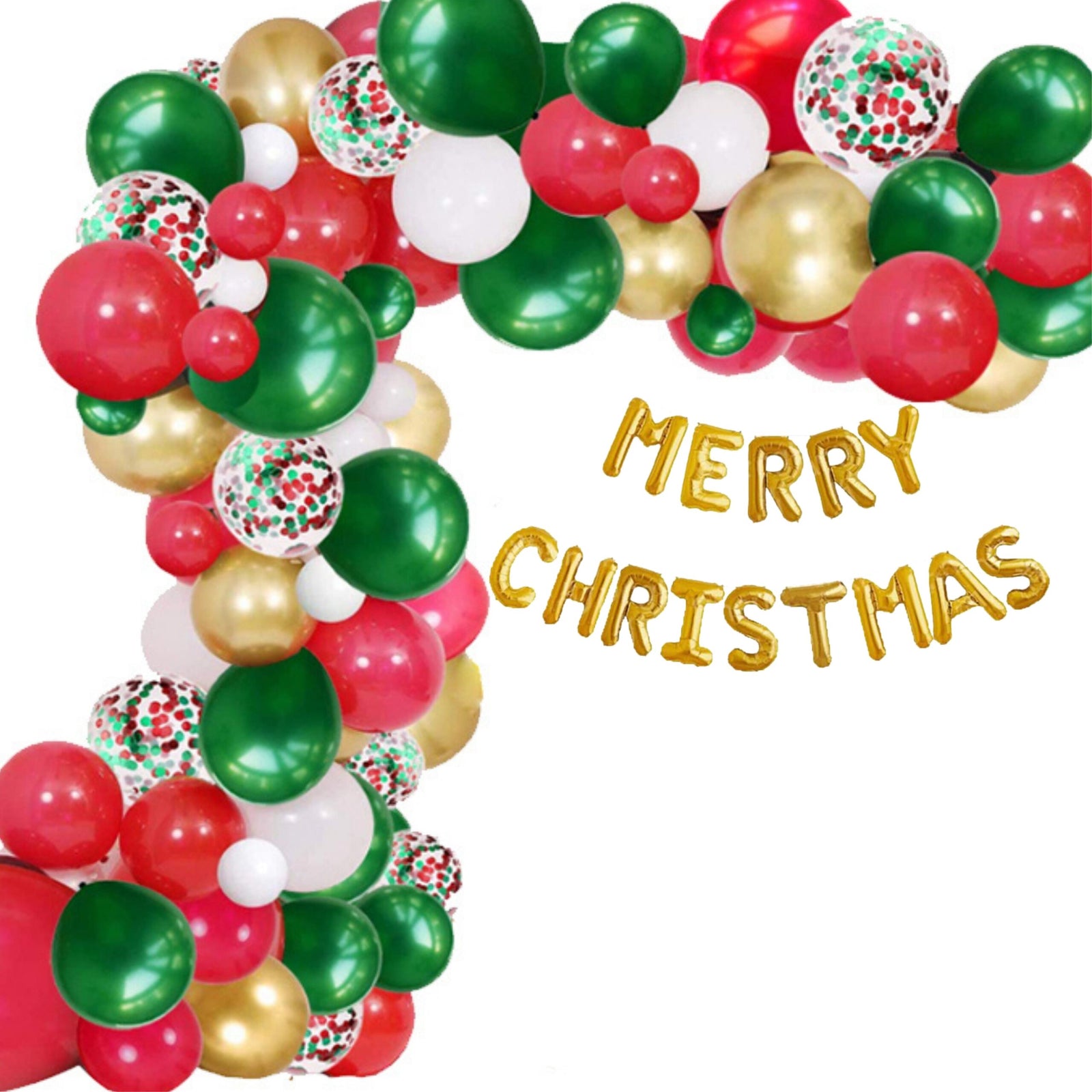 Merry Christmas Decoration DIY KIT - Golden Foil Merry Christmas, Golden Green & Red Balloons and Mix Confetti Balloon