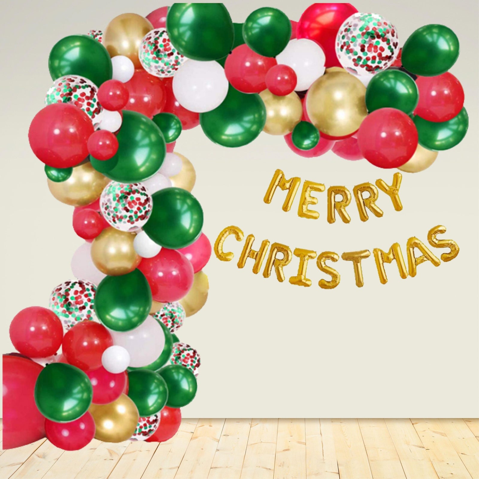 Merry Christmas Decoration DIY KIT - Golden Foil Merry Christmas, Golden Green & Red Balloons and Mix Confetti Balloon