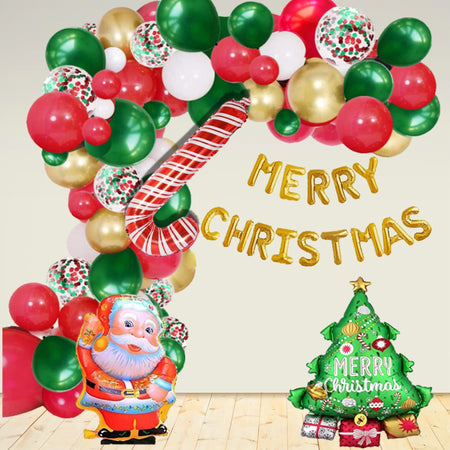 Merry Christmas Decoration – Golden Foil Merry Christmas, Metallic Gold, Green & Red Balloons, Santa, stick Foil & Mix Confetti Balloon(84 pcs)