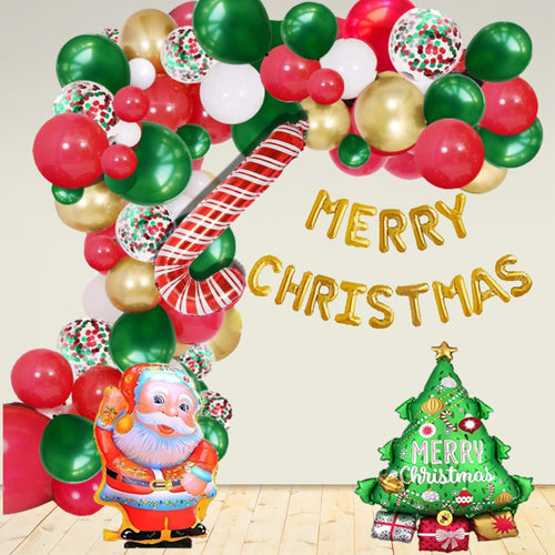 Load image into Gallery viewer, Merry Christmas Decoration – Golden Foil Merry Christmas, Metallic Gold, Green &amp; Red Balloons, Santa, stick Foil &amp; Mix Confetti Balloon(84 pcs)
