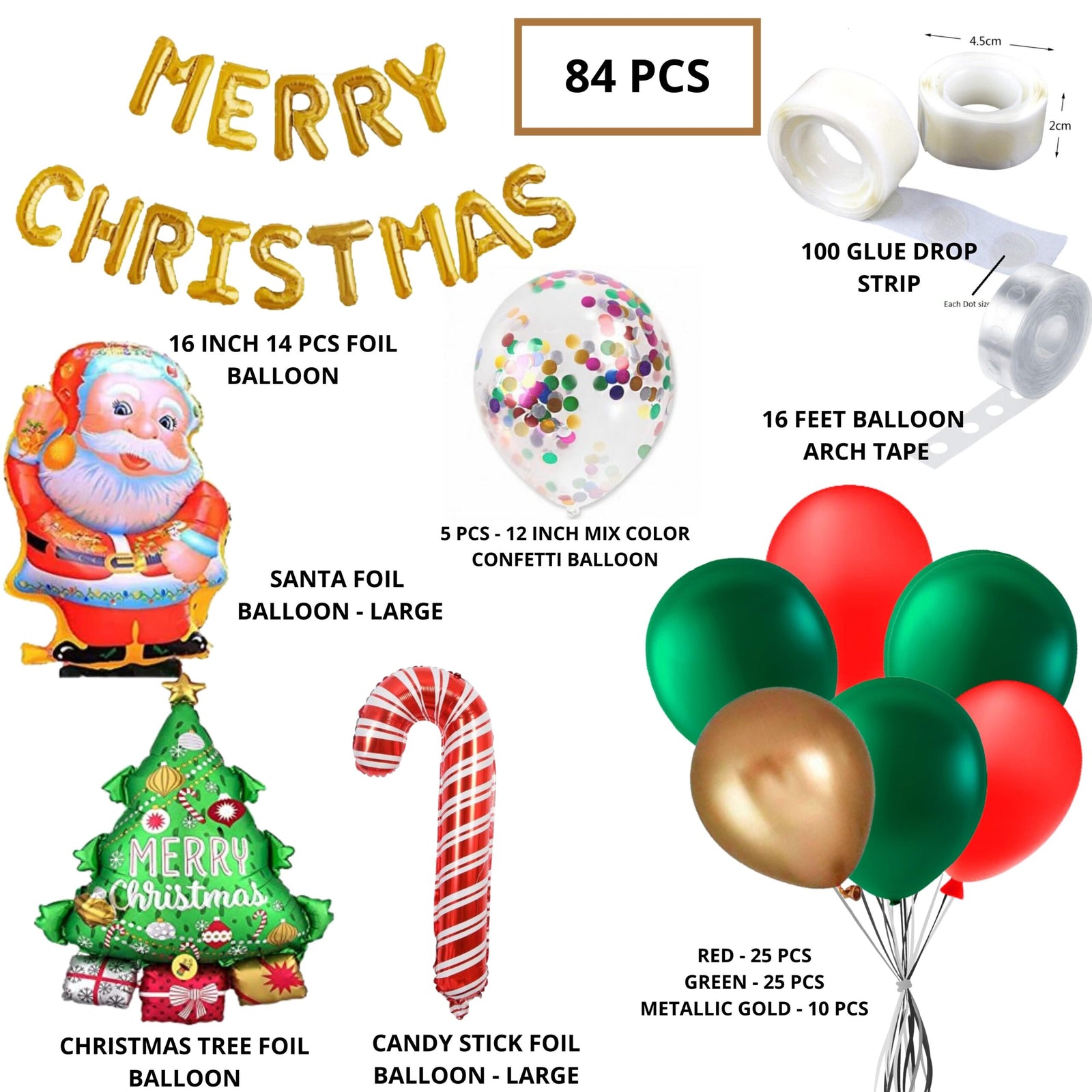 Merry Christmas Decoration – Golden Foil Merry Christmas, Metallic Gold, Green & Red Balloons, Santa, stick Foil & Mix Confetti Balloon(84 pcs)