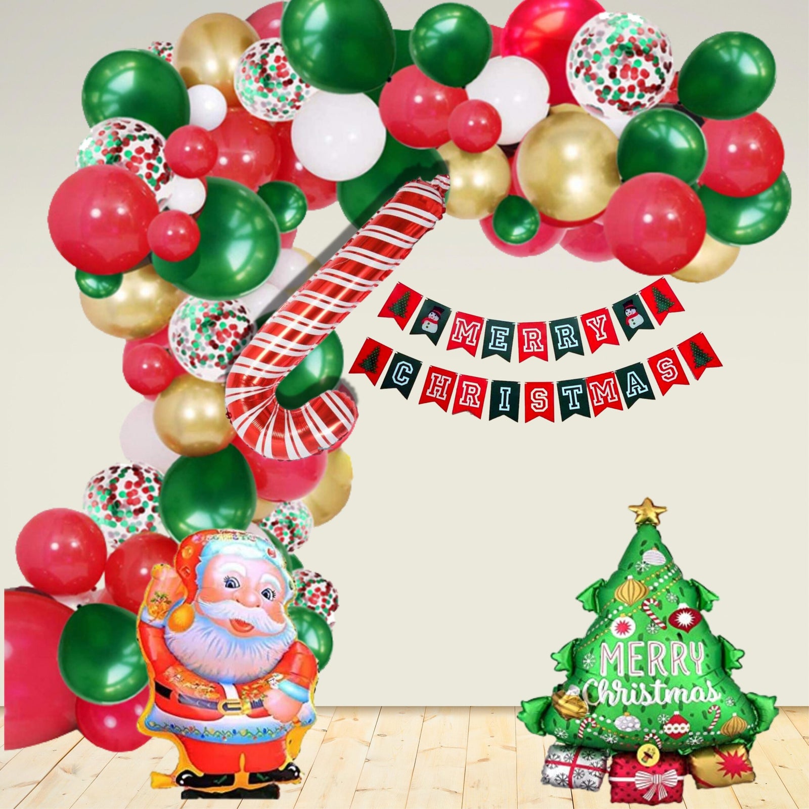 Merry Christmas Red & Green Merry Christmas Banner, Metallic Gold, Green, Red , Santa, Christmas Tree & stick Foil, Mix Confetti Balloon(71 pcs)