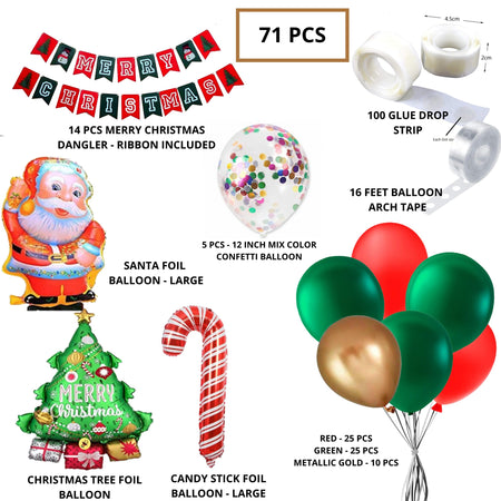Merry Christmas Red & Green Merry Christmas Banner, Metallic Gold, Green, Red , Santa, Christmas Tree & stick Foil, Mix Confetti Balloon(71 pcs)