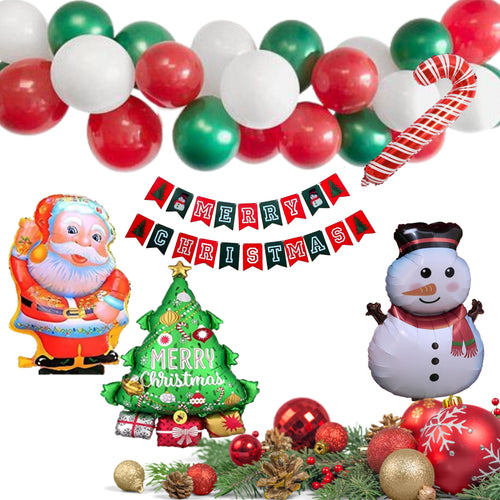 Load image into Gallery viewer, Green, Red, White Latex Balloons, Red &amp; Green Merry Christmas Banner, Santa Foil , Merry Christmas Tree Foil, Snowman Foil, Candy Stick Foil (67 PCS)
