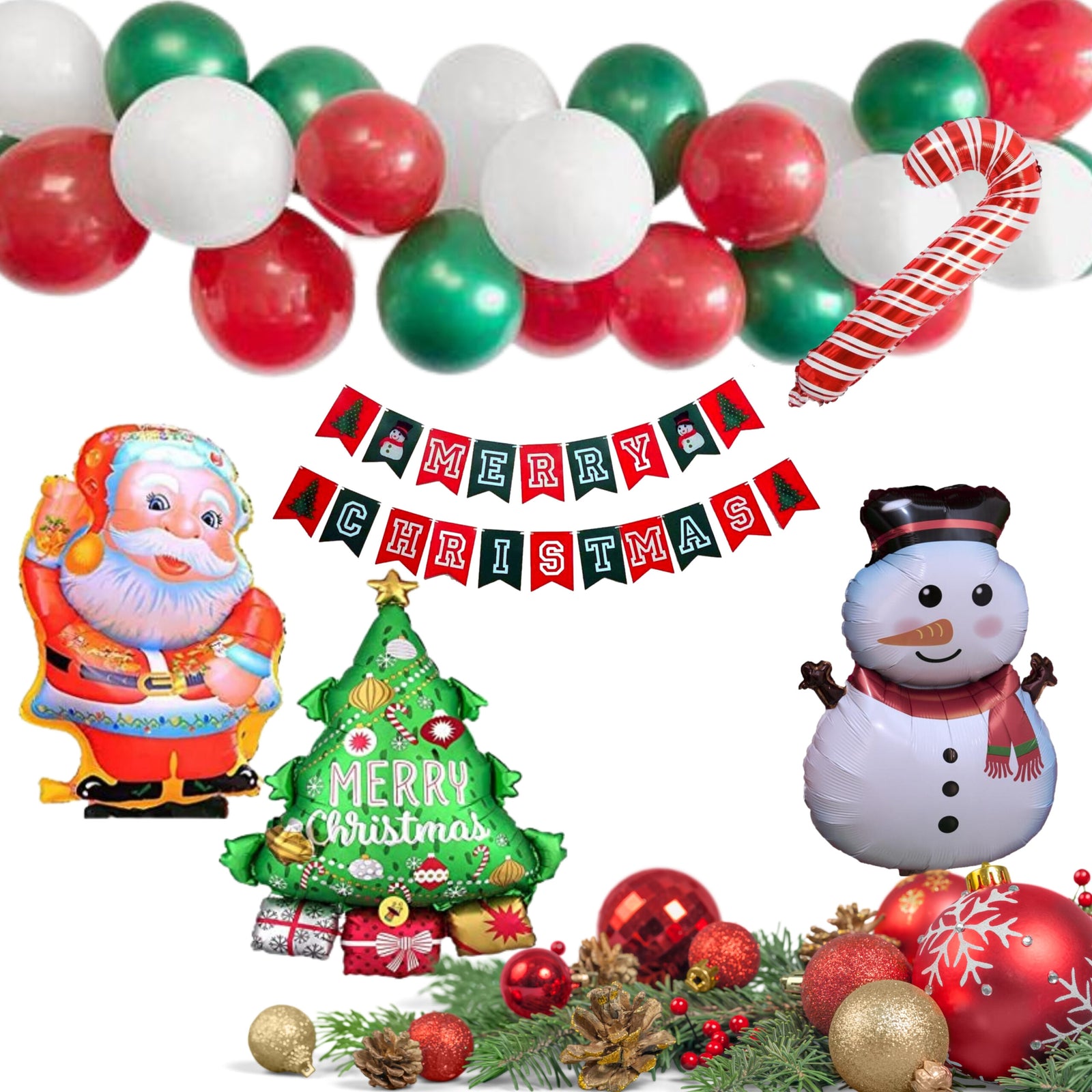 Green, Red, White Latex Balloons, Red & Green Merry Christmas Banner, Santa Foil , Merry Christmas Tree Foil, Snowman Foil, Candy Stick Foil (67 PCS)