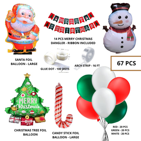 Green, Red, White Latex Balloons, Red & Green Merry Christmas Banner, Santa Foil , Merry Christmas Tree Foil, Snowman Foil, Candy Stick Foil (67 PCS)