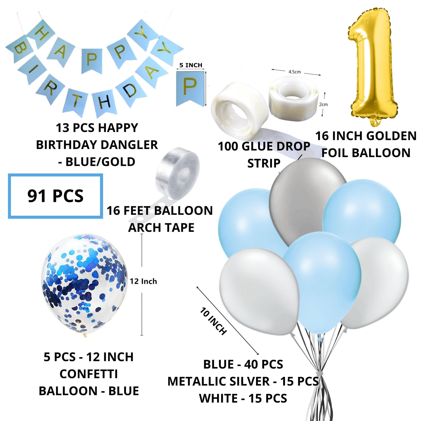 Gold and silver blue Birthday Party Decoration Set，Including Happy Birthday  Banner, Balloons, Metallic Fringe Curtain, Golden Crown, Suit Perfect For