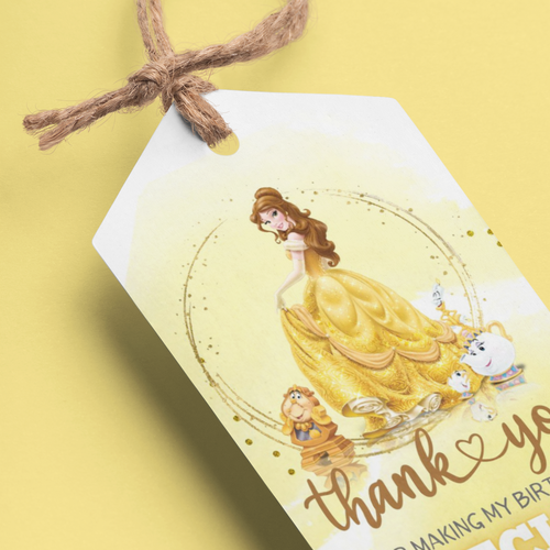 Load image into Gallery viewer, Belle Princess Theme Birthday Favour Tags (2 x 3.5 inches/250 GSM Cardstock/Yellow, Brown, &amp; White/30Pcs)
