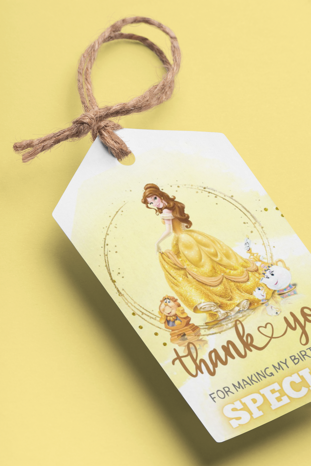 Belle Princess Theme Birthday Favour Tags (2 x 3.5 inches/250 GSM Cardstock/Yellow, Brown, & White/30Pcs)