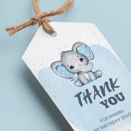 Baby Elephant Boy Theme Birthday Favour Tags (2 x 3.5 inches/250 GSM Cardstock/White, Blue, Grey, Black/30Pcs)