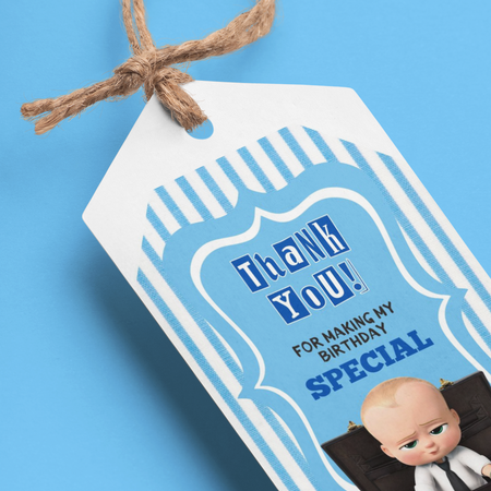 Boss Baby Boy Theme Birthday Favour Tags (2 x 3.5 inches/250 GSM Cardstock/Blue White & Black/30Pcs)