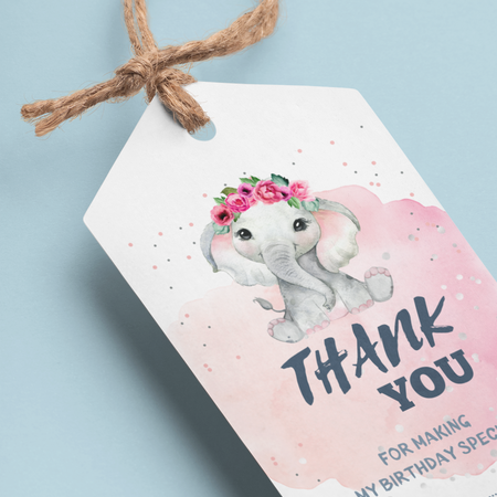 Baby Elephant Girl Theme Birthday Favour Tags (2 x 3.5 inches/250 GSM Cardstock/White, Pink, Grey, Black/30Pcs)