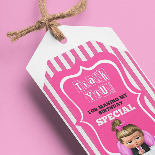 Load image into Gallery viewer, Boss Baby Girl Theme Birthday Favour Tags (2 x 3.5 inches/250 GSM Cardstock/Pink, White &amp; Black/30Pcs)
