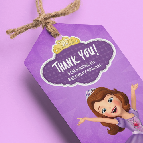 Load image into Gallery viewer, Sofia Theme Birthday Favour Tags (2 x 3.5 inches/250 GSM Cardstock/Brown, purple, white, yellow/30Pcs)
