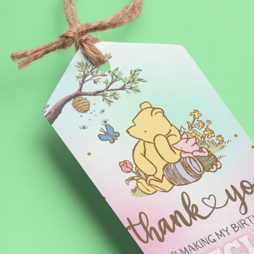 Load image into Gallery viewer, Winnie The Pooh Theme Model 2 Birthday Favour Tags (2 x 3.5 inches/250 GSM Cardstock/Green, Brown, Light blue, White &amp; Pink/30Pcs)
