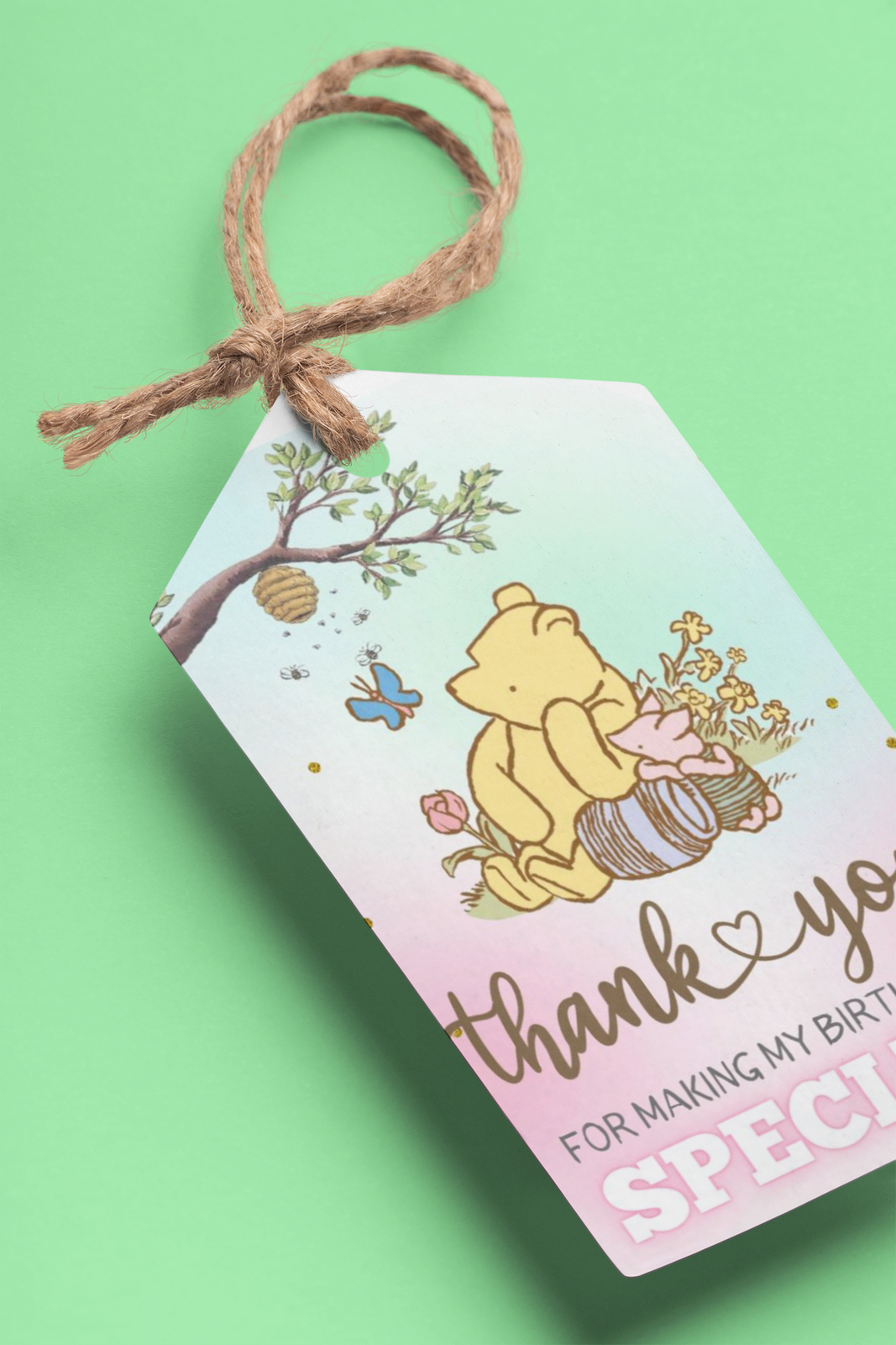 Winnie The Pooh Theme Model 2 Birthday Favour Tags (2 x 3.5 inches/250 GSM Cardstock/Green, Brown, Light blue, White & Pink/30Pcs)