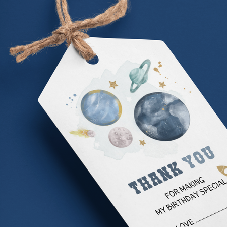 Space Theme Birthday Favour Tags (2 x 3.5 inches/250 GSM Cardstock/Blue, White, Gold/30Pcs)