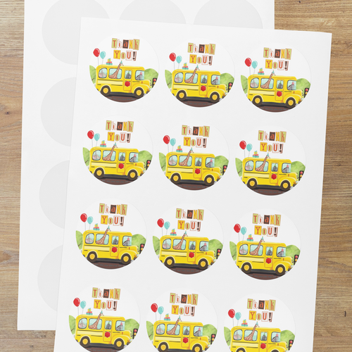 Load image into Gallery viewer, Weels On The Bus Theme- Return Gift/birthday decor Thankyou Sticker (6 CM/Sticker/Multicolour/24Pcs)
