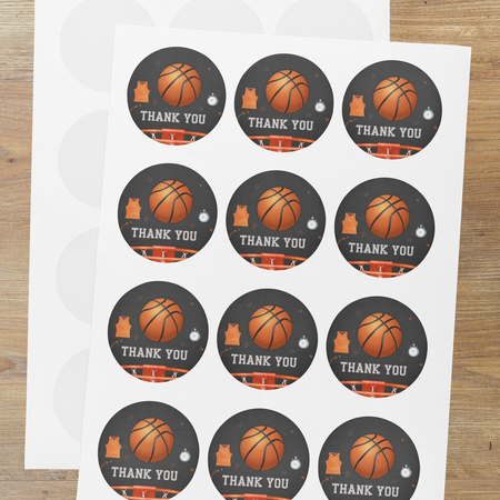 Basketball Theme- Return Gift/birthday decor Thankyou Sticker (6 CM/Sticker/Orange, White , Black/24Pcs)