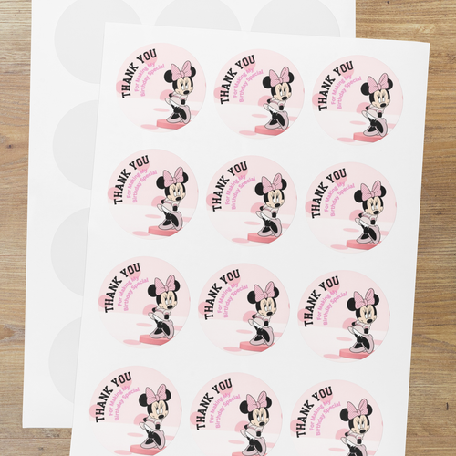 Load image into Gallery viewer, Minnie Theme- Return Gift/birthday decor Thankyou Sticker (6 CM/Sticker/Pink, Black, &amp; White/24Pcs)
