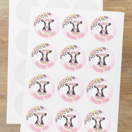 Cow Theme- Return Gift/birthday decor Thankyou Sticker (6 CM/Sticker/Multicolour/24Pcs)