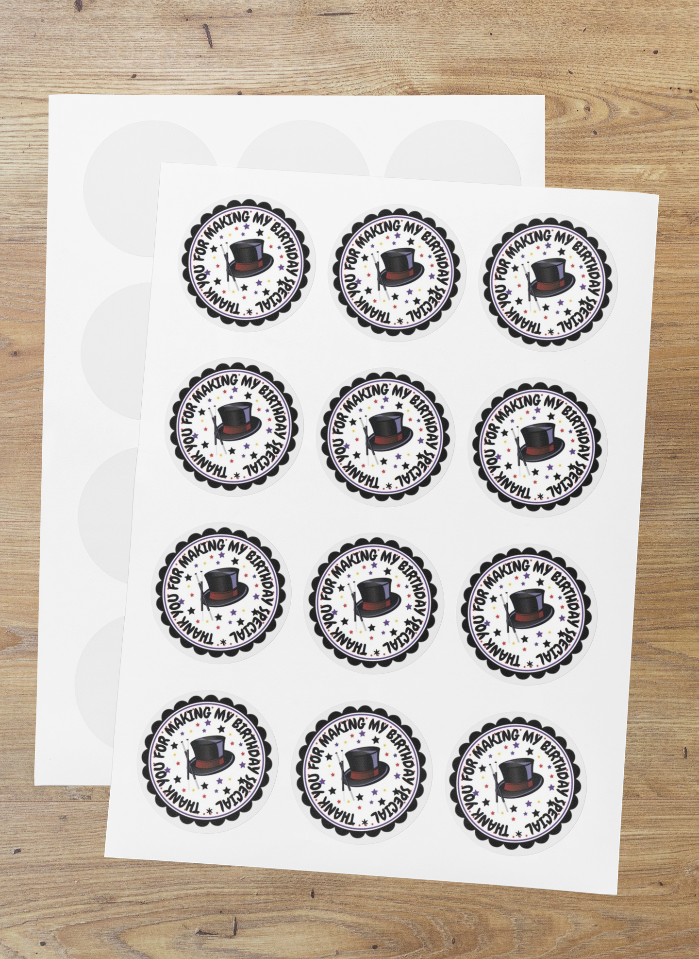 Magician Theme- Return Gift/birthday decor Thankyou Sticker (6 CM/Sticker/Black & White/24Pcs)