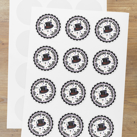 Magician Theme- Return Gift/birthday decor Thankyou Sticker (6 CM/Sticker/Black & White/24Pcs)