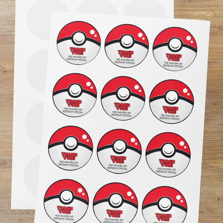 Pokemon Theme- Return Gift/birthday decor Thankyou Sticker (6 CM/Sticker/Red, White, Black/24Pcs)