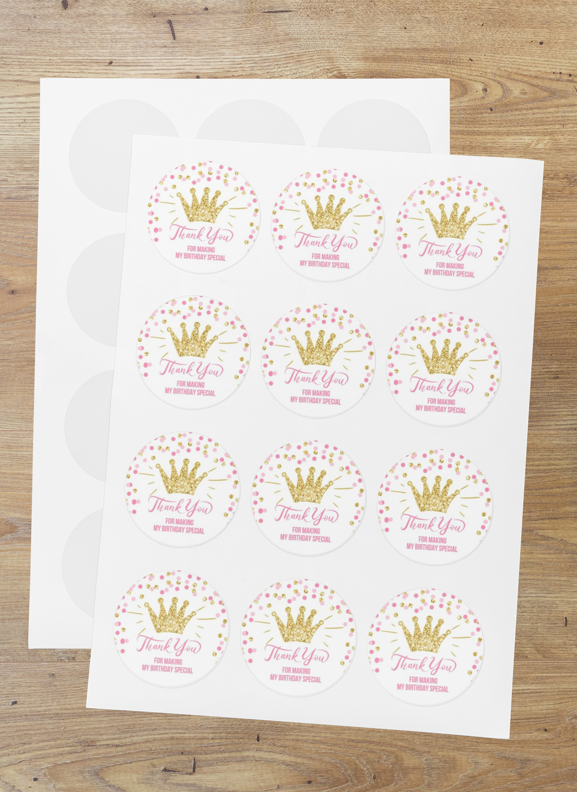 Crown Theme- Return Gift/birthday decor Thankyou Sticker (6 CM/Sticker/Pink, Gold, White/24Pcs)
