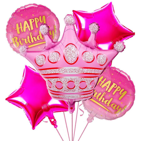 Pink Girls Princess Crown Foil Balloons Set for Girls Theme Birthday Party (set of 5)